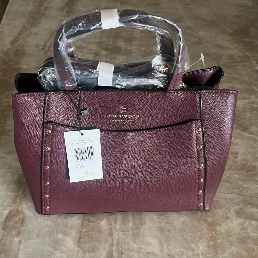 London Fog Marcelle Studded Faux Leather Handbag In Rich Dark Plum Color. NWT.